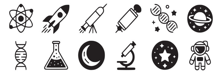 Science and space icons set vector illustration atom rocket telescope dna astronaut microscope flask moon planet on transparent background