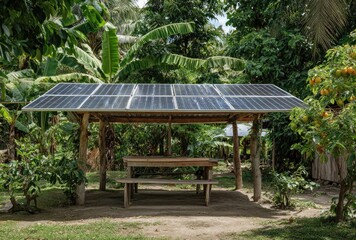 A rustic wooden pavilion with a solar panel roof sits in a lush tropical garden, featuring a simple wooden picnic table and benches underneath