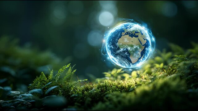 Glowing Hologram Earth Floating Above Lush Greenery in Nature