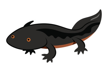 Cartoon illustration of a black newt with orange eyes and a striped tail