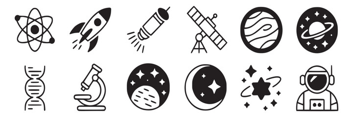 Science and space exploration icons vector set atom rocket telescope planet astronaut dna microscope moon stars on transparent background