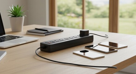 Modern Desk Setup with Power Strip, Smartphones, Laptop, and Green Plant