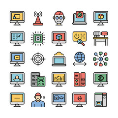 Colorful Collection of Thirty Computer and Technology Icons Featuring Desktops Laptops Servers and Network Symbols in Flat Line Art Style with Bold Outlines and Vibrant Hues