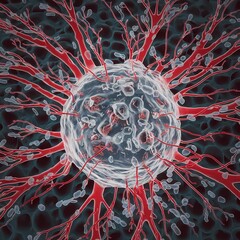 A microscopic view of a human tissue with microplastics. The tissue has a network of blood vessels filled with red blood cells. Scattered throughout the tissue are small, clear, round particles