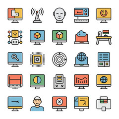 Colorful Collection of Thirty Computer and Technology Icons Featuring Diverse Designs Including Data Processing Network Connections and User Interface Elements Depicted in a Flat Style with