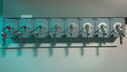 Row of keys in a server room for security and access control
