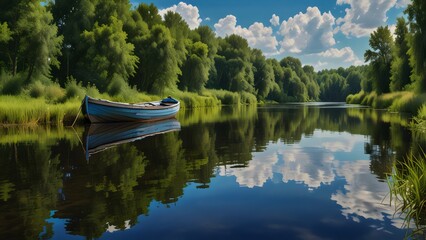 A canoe floating on a calm lake surrounded by nature and trees