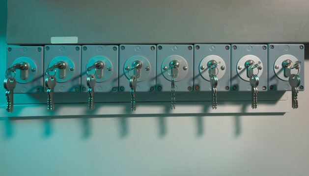 Row of keys in a server room for security and access control
