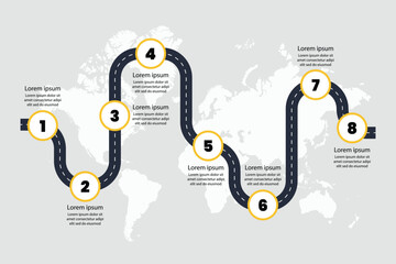 Roadmap infographic with steps process infographic world map background