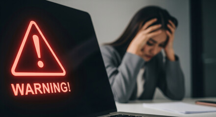 Stressed businesswoman in the background with digital security threats or technical issues on her laptop