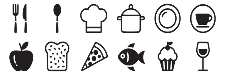 Food and drink icons culinary symbols restaurant menu design elements kitchenware and tableware vector set on transparent background