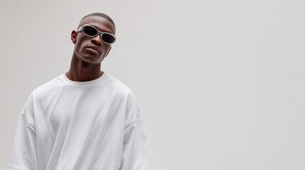 Obraz premium Stylish individual in oversized white shirt and sunglasses poses against minimalist background in urban setting