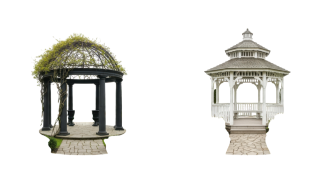 Dark green vine covered gazebo white ornate pavilion isolated on a transparent background