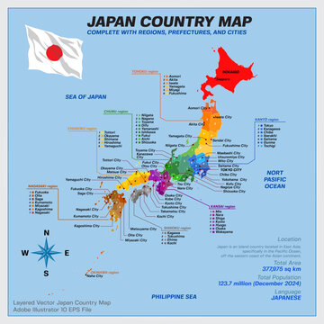 Japan Map Vector Illustration. Vector map of Japan drawn with high detail and accuracy. Japan is divided into regions which are colored with different bright colors.