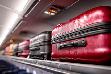 red and black suitcases on the luggage rack inside the plane



4/4

