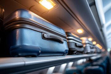 suitcases on the luggage rack inside the plane