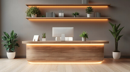 Modern Reception Area Interior Design with Wood Counter and Plants
