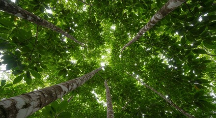 Fototapeta premium Canopy View Tall Trees Reaching Towards Sunlight in a Lush Forest