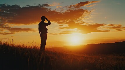 American soldier silhouette saluting at sunset, USA flag waving high, Memorial Day honor