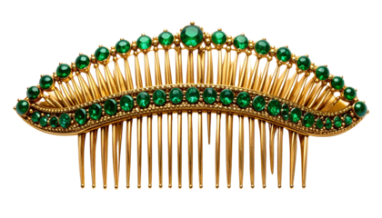 Elegant golden hair comb adorned with vibrant emerald gemstones, showcasing intricate design and luxury isolated on solid white background Png