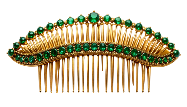 Elegant golden hair comb adorned with vibrant emerald gemstones, showcasing intricate design and luxury isolated on solid white background Png
