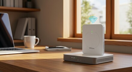 Modern Wireless Router and Laptop on Wooden Desk with Natural Light
