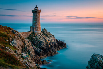 Lighthouse on Rocky Coast at Sunset Over Calm Sea