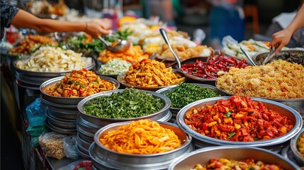 Obraz premium Thai food market with bowls of colorful dried fruits, vegetables, and spices displayed on a table