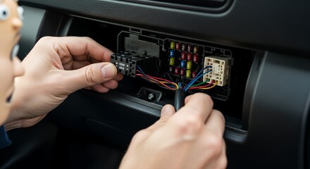 Car Fuse Box Repair with Colorful Wires and a Curious Onlooker