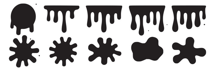 Black ink splatter vector set dripping paint stain blob drip liquid abstract graphic element illustration on transparent background