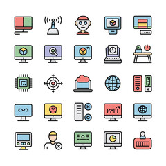 Colorful Collection of Thirty Computer Technology Icons Featuring Monitors Laptops Servers and Networking Symbols Depicting Programming Data Analysis Cloud Computing and More in a Flat