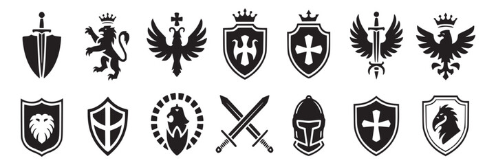 Collection of medieval heraldic shields with crowns eagles lions and swords vector design elements set on transparent background