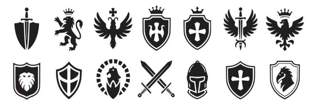 Collection of medieval heraldic shields with crowns eagles lions and swords vector design elements set on transparent background