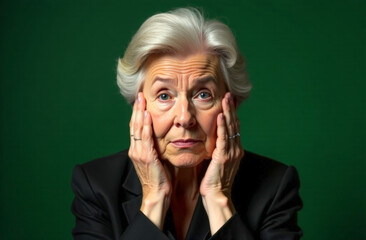 portrait of a sad elderly woman in a black jacket on a green background. a woman's hands at her face