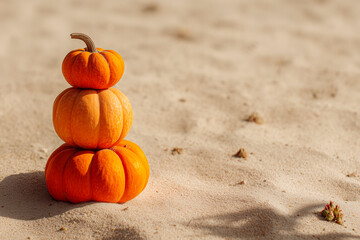 pumpkins one on one on a sandy beach symbol of halloween in hot cities