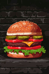 Illustrative Burger Mural on Brick Wall