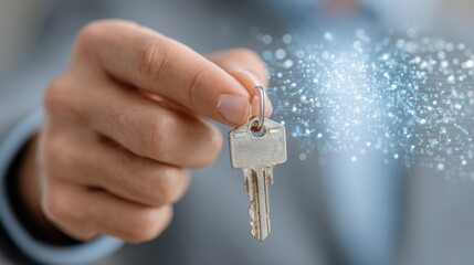 Real estate professional handing over digital key in front of holographic property listing interface