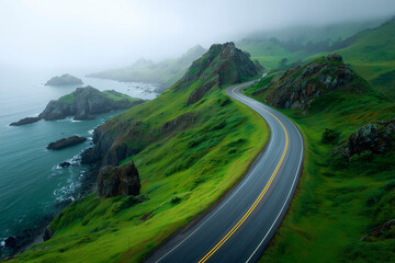 Aerial View of Highway Winding Through Beautiful Mountains