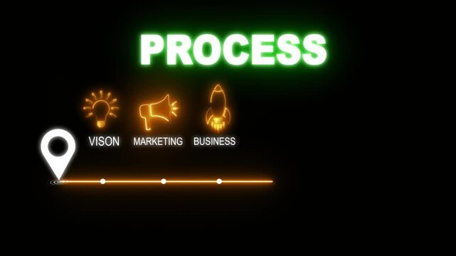 Glowing neon process concept with thin line icons on black background. Infographic design. Chart with animated icons. internet and target isolated on transparent background.