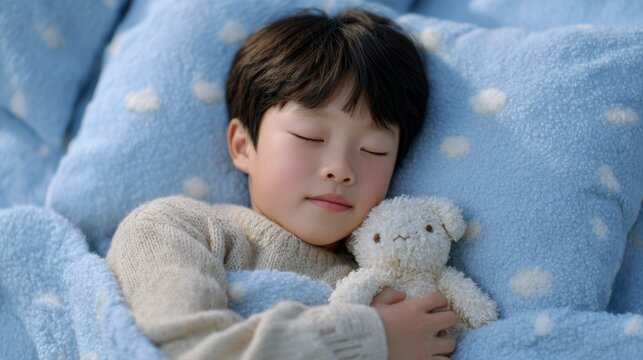 Sleepy young boy snuggling soft stuffed animal under cloud patterned blanket during nap