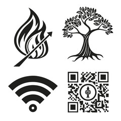 Four black and white icons depicting fire with arrow tree wifi symbol and qr code in a square layout