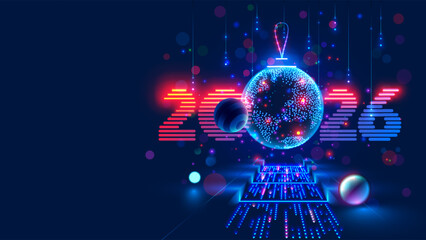 Merry Christmas and New Year Background in computer technology style. Christmas decoration ball in the form of an Earth made of luminous dots hovered over the servers of the data center. Banner 2026.