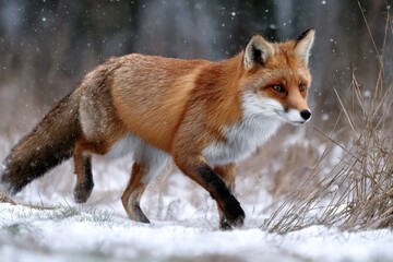 Obraz premium Red fox walks gracefully through a snowy forest landscape during wintertime