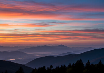 Obraz premium Serene Sunset Panorama Mountains and Cityscape at Dusk