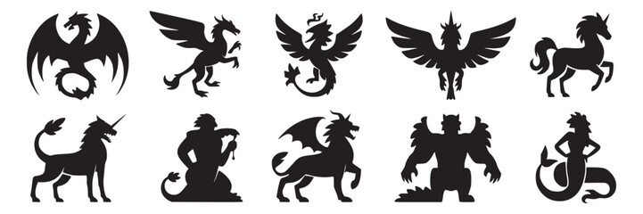 Fantasy creatures silhouette vector set: dragons, unicorn, phoenix, griffin, mermaid, and other mythical beasts on transparent background