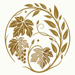 Illustration of a circular design featuring golden grape leaves and grapes on a light background art nouveau style