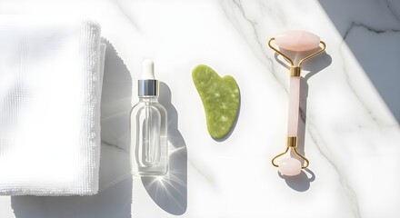 Clean Skincare Flatlay on White Marble Surface