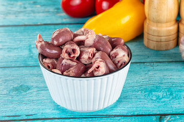 Raw chicken hearts for cooking