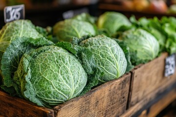 Fototapeta premium Fresh Green Cabbage and Lettuce at the Market