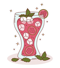Pink Guava tropical Cocktail with Ice and Mint leaves. Summer Fruit Refreshing Drink with slices guava. Vector Illustration. Not ai